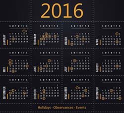 16套矢量的2016日历模板：Vector calendar 2016 with dates of holidays